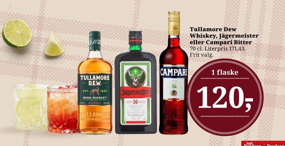 Tilbud på Tullamore Dew Whiskey, Jägermeister eller Campari Bitter fra Dagli'Brugsen til 120 kr.