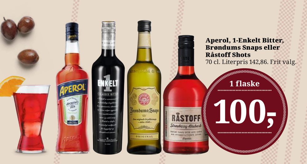 Tilbud på Aperol, 1-Enkelt Bitter, Brøndums Snaps eller Råstoff Shots fra Dagli'Brugsen til 100 kr.
