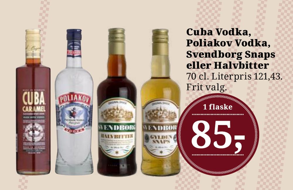 Tilbud på Cuba Vodka, Poliakov Vodka, Svendborg Snaps eller Halvbitter fra Dagli'Brugsen til 85 kr.