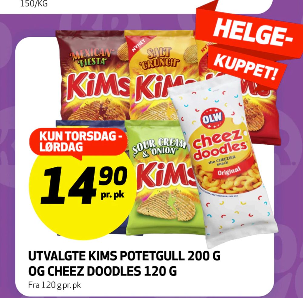Utvalgte Kims Potetgull 200 G og Cheez Doodles 120 G