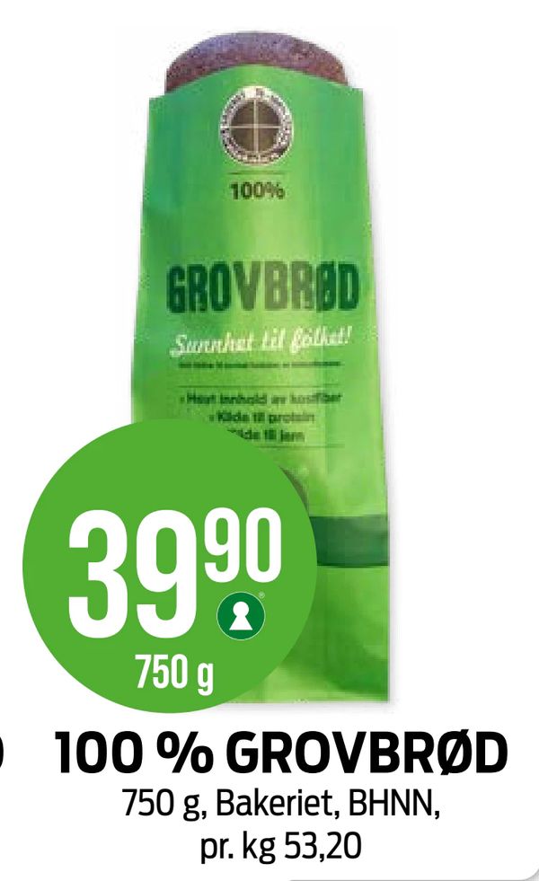 100 % GROVBRØD 750 g 750 g, Bakeriet, BHNN, pr. kg 53,20