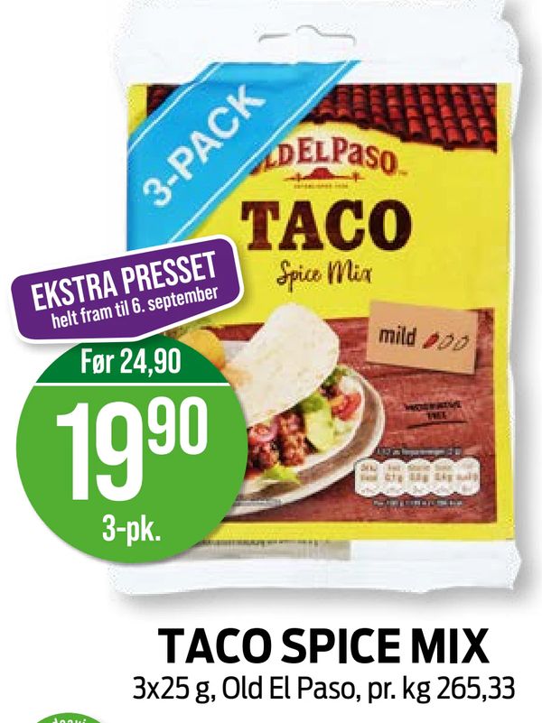 TACO SPICE MIX 3x25 g, Old El Paso, pr. kg 265,33. EKSTRA PRESSET helt fram til 6. september. 3-pk.