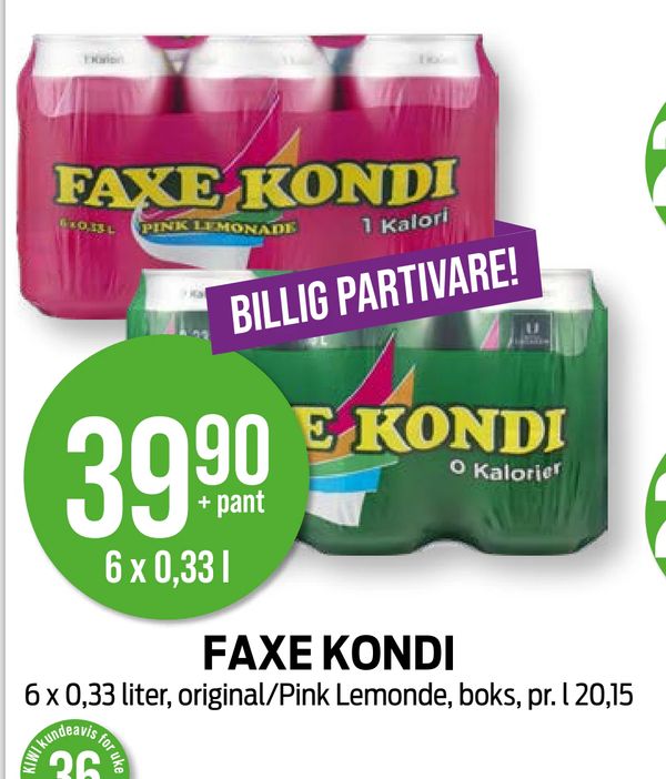 FAXE KONDI 6 x 0,33 liter, original/Pink Lemonde, boks, pr. l 20,15 BILLIG PARTIVARE! 39,90 6 x 0,33 l + pant 1 Kalori 0 Kalorier