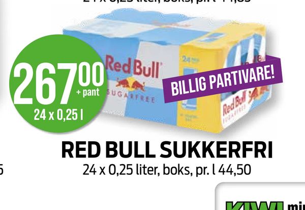 RED BULL SUKKERFRI 24 x 0,25 liter, boks, pr. l 44,50 BILLIG PARTIVARE! 267,00 24 x 0,25 l + pant