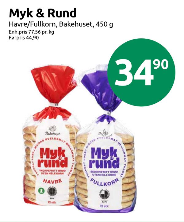 Myk & Rund Havre/Fullkorn, Bakehuset, 450 g
Enh.pris 77,56 pr. kg
Førpris 44,90