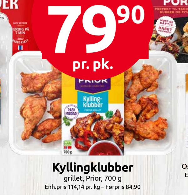 Kyllingklubber grillet, Prior, 700 g
Enh.pris 114,14 pr. kg – Førpris 84,90