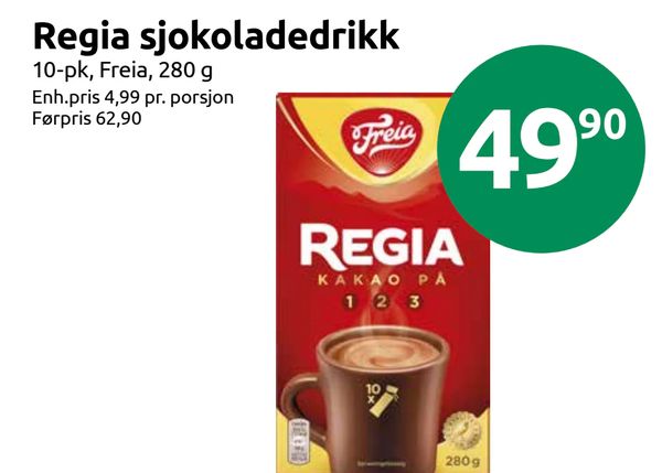Regia sjokoladedrikk 10-pk, Freia, 280 g
Enh.pris 4,99 pr. porsjon Førpris 62,90