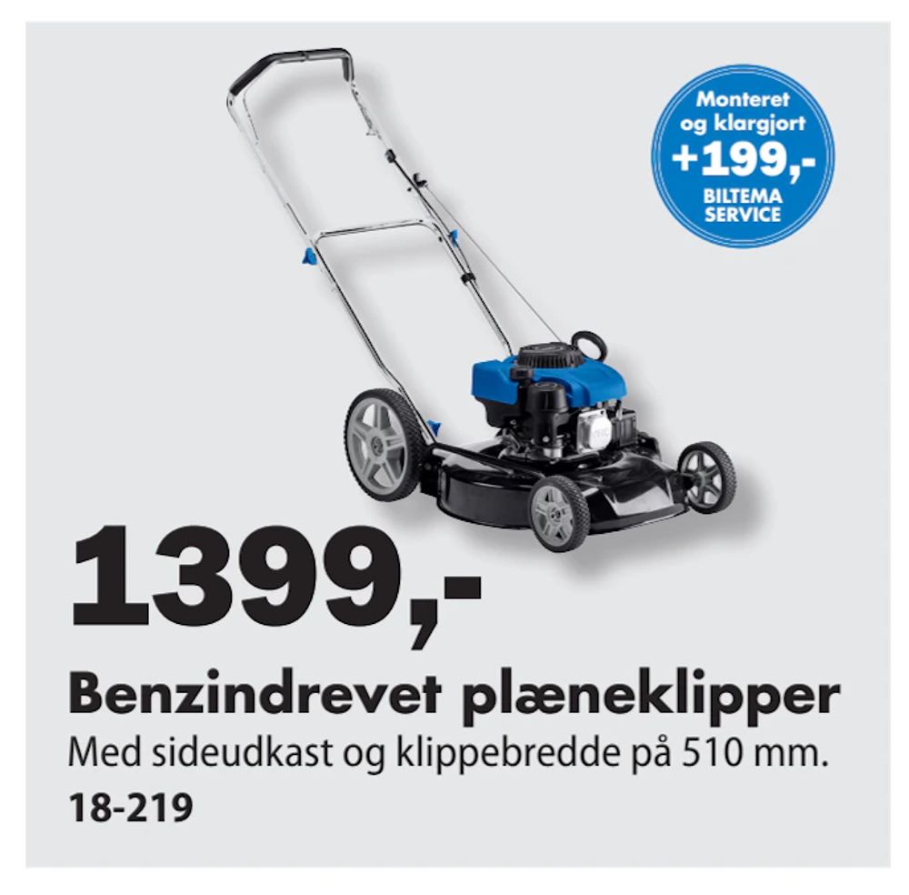Tilbud på Benzindrevet plæneklipper fra Biltema til 1.399 kr.