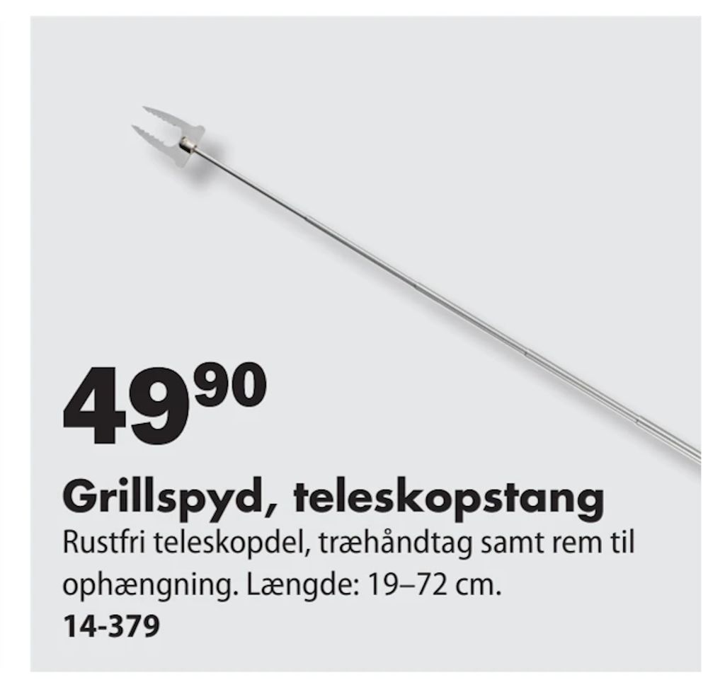 Tilbud på Grillspyd, teleskopstang fra Biltema til 49,90 kr.