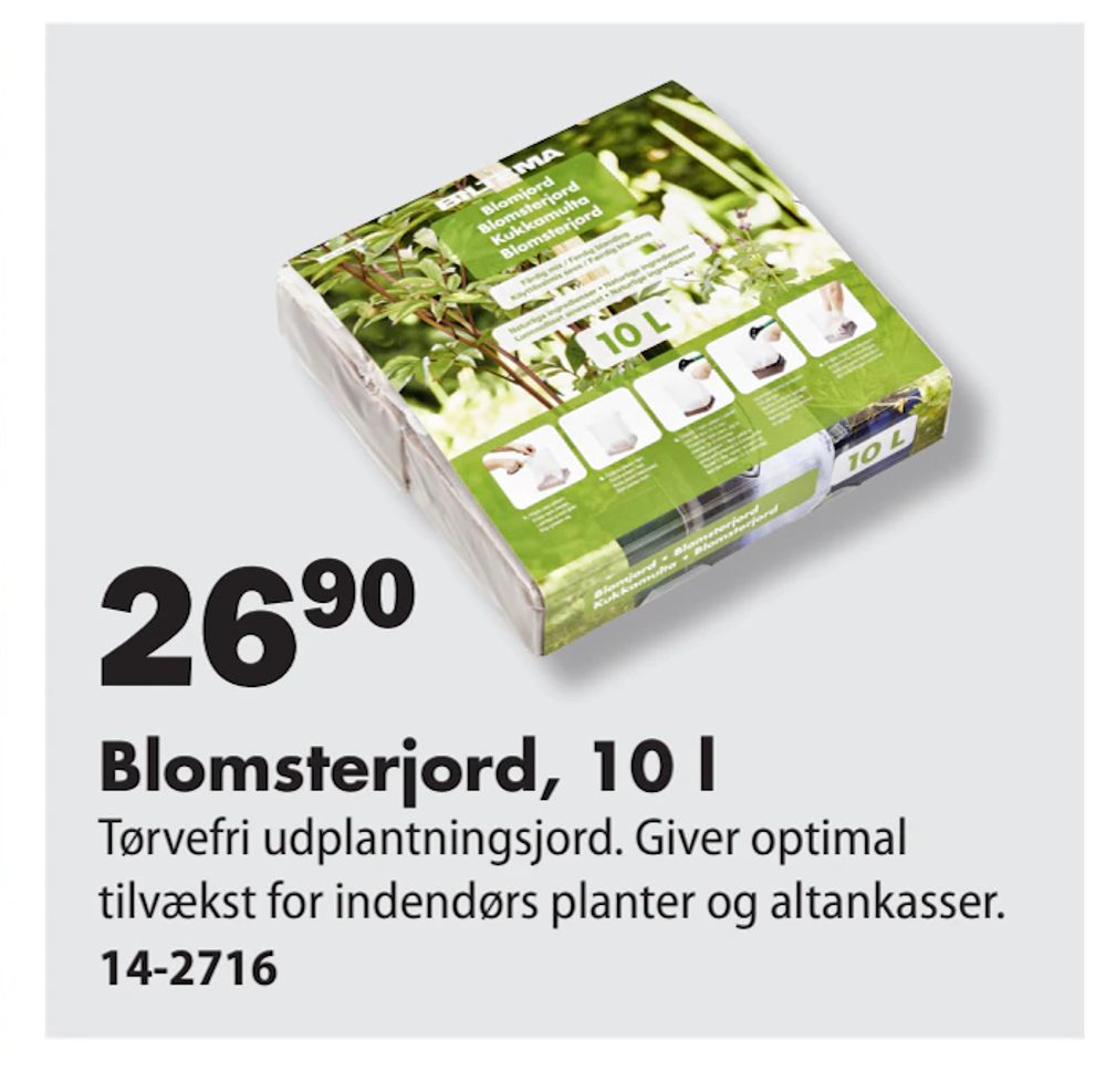 Tilbud på Blomsterjord, 10 l fra Biltema til 26,90 kr.