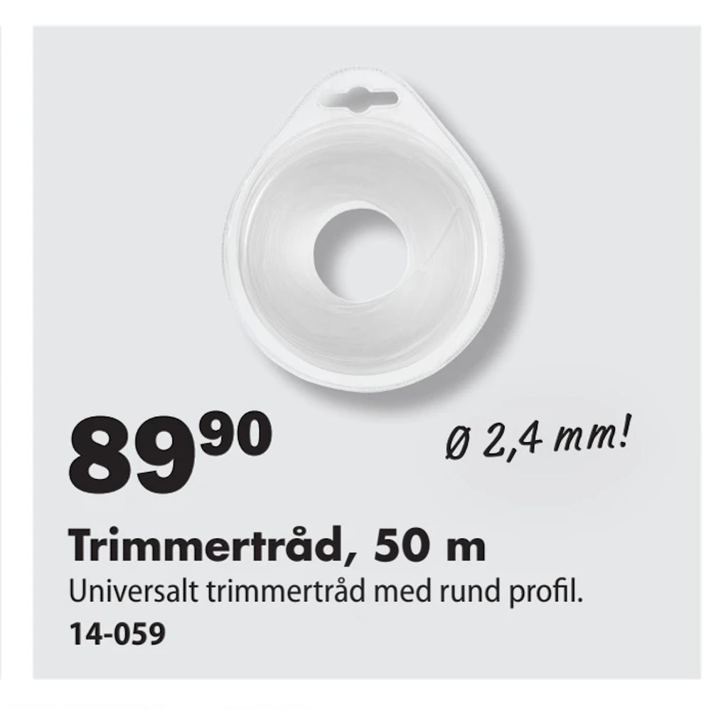 Tilbud på Trimmertråd, 50 m fra Biltema til 89,90 kr.