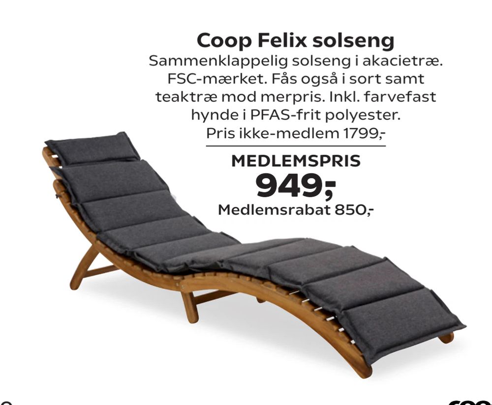 Tilbud på Coop Felix solseng fra Coop.dk til 1.799 kr.