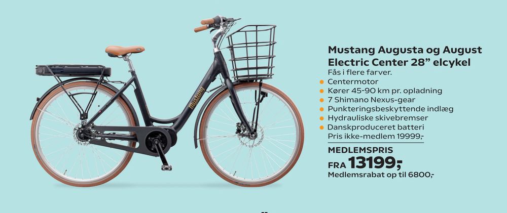 Tilbud på Mustang Augusta og August Electric Center 28” elcykel fra Coop.dk til 19.999 kr.