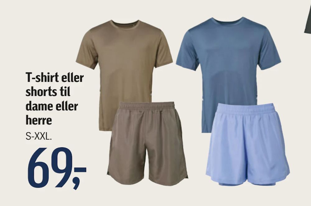 Tilbud på T-shirt eller shorts til dame eller herre fra føtex til 69 kr.
