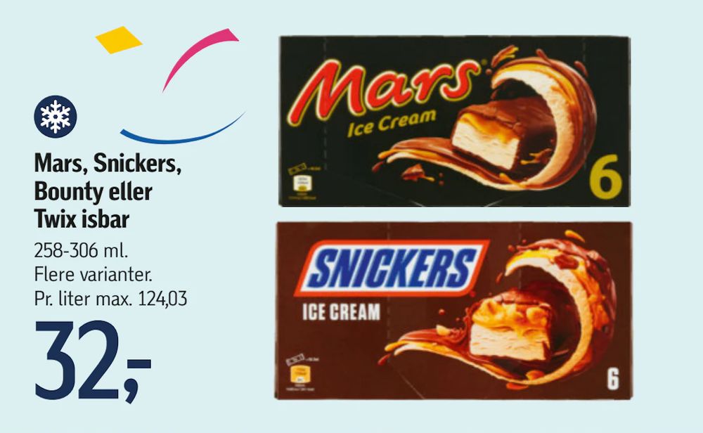 Tilbud på Mars, Snickers, Bounty eller Twix isbar fra føtex til 32 kr.