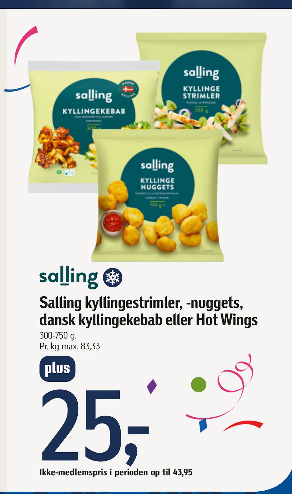 Tilbud på Salling kyllingestrimler, -nuggets, dansk kyllingekebab eller Hot Wings fra føtex til 25 kr.
