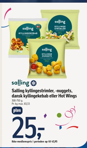 Salling kyllingestrimler, -nuggets, dansk kyllingekebab eller Hot Wings