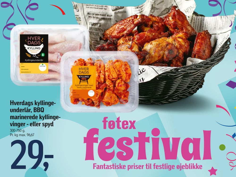 Tilbud på Hverdags kyllingeunderlår, BBQ marinerede kyllingevinger - eller spyd fra føtex til 29 kr.