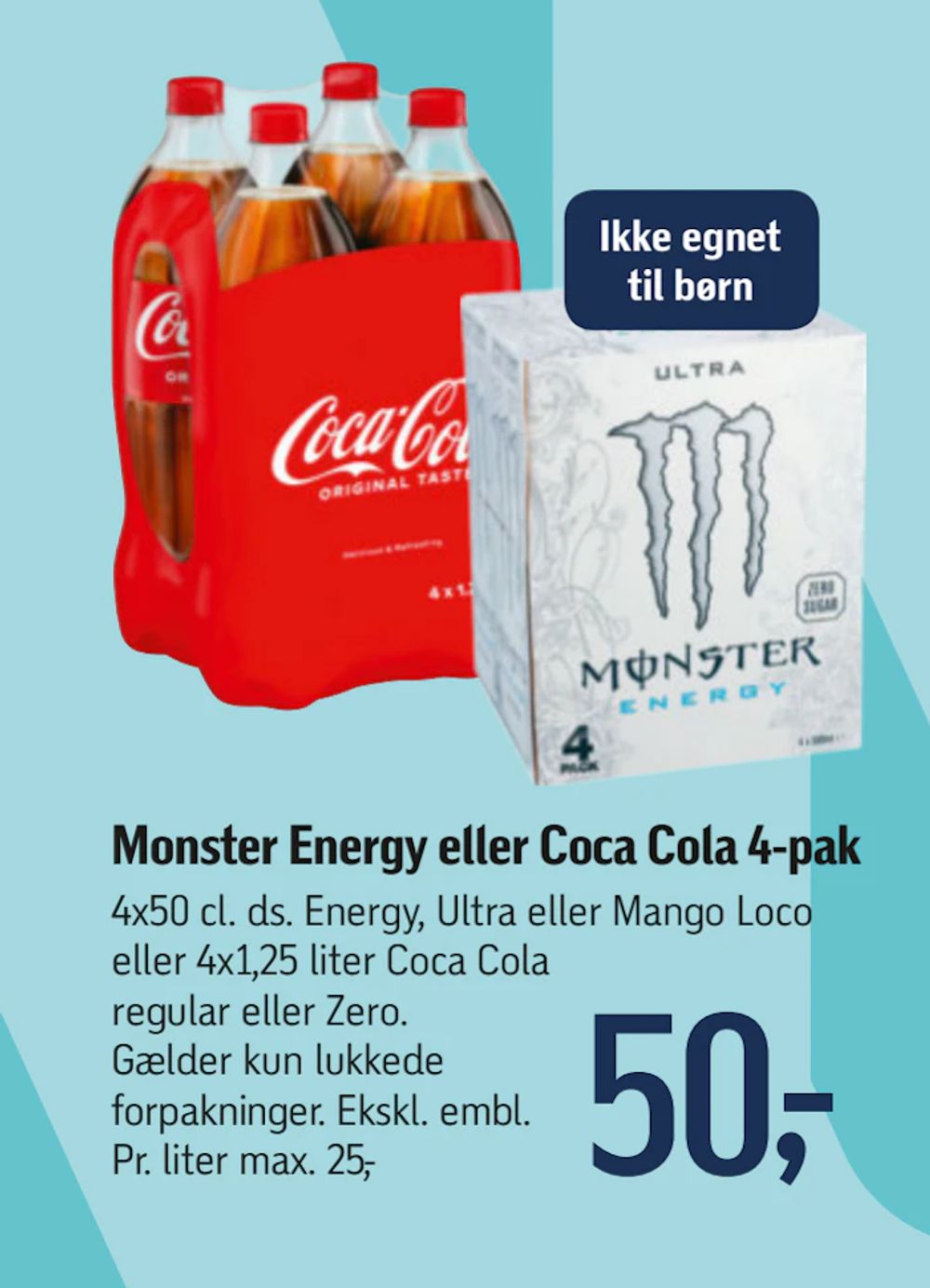 Tilbud på Monster Energy eller Coca Cola 4-pak fra føtex til 50 kr.