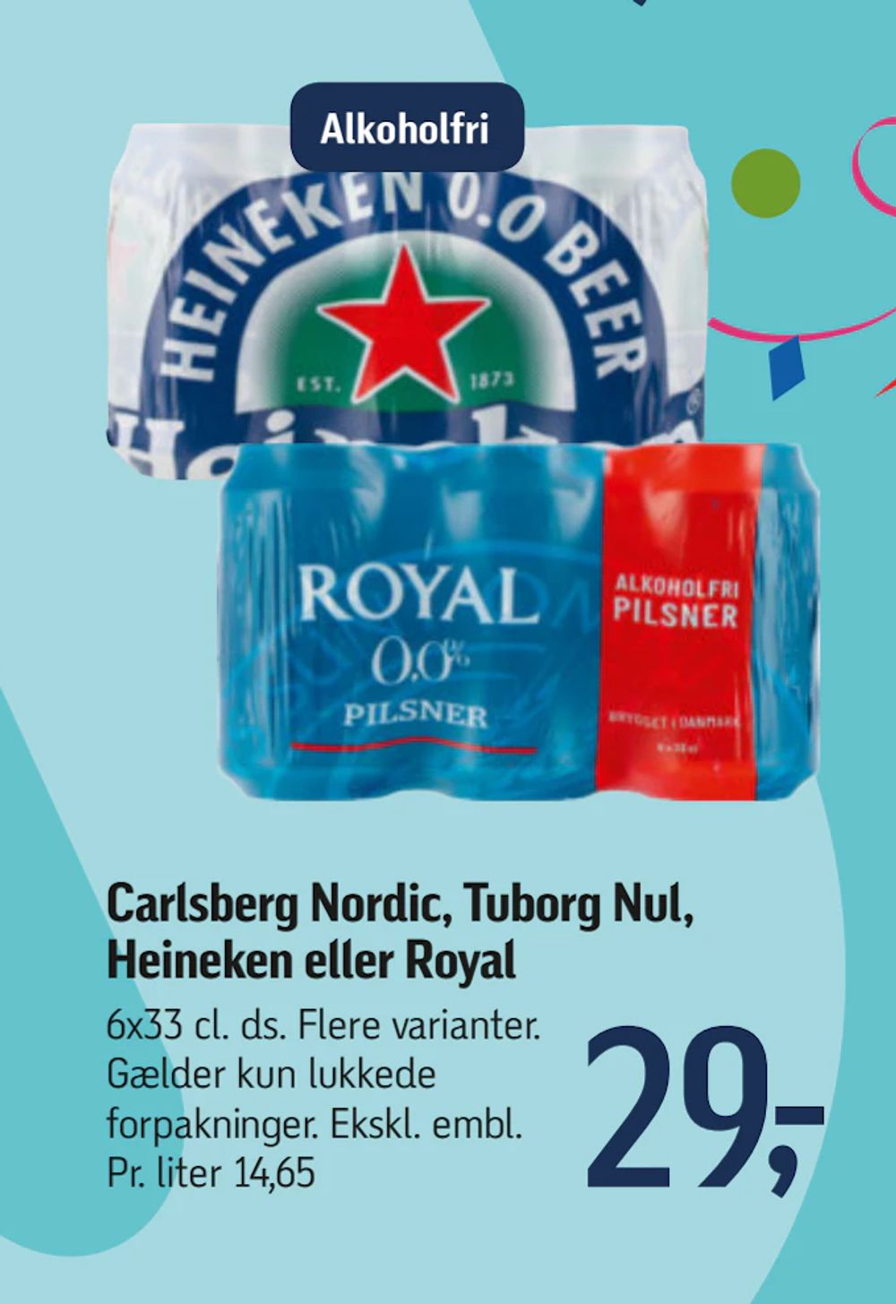 Tilbud på Carlsberg Nordic, Tuborg Nul, Heineken eller Royal fra føtex til 29 kr.
