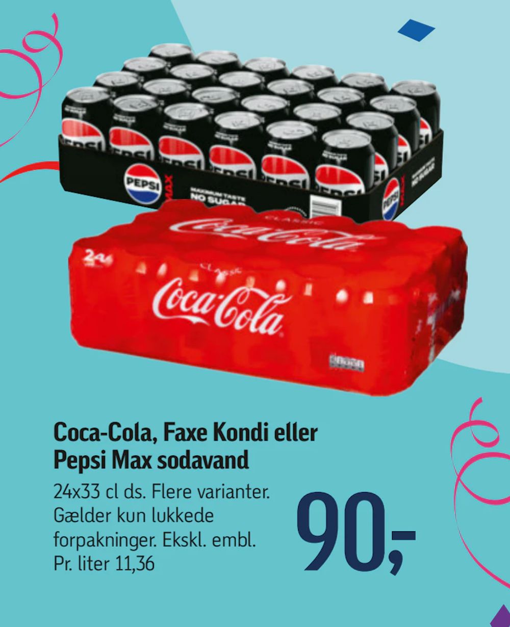 Tilbud på Coca-Cola, Faxe Kondi eller Pepsi Max sodavand fra føtex til 90 kr.