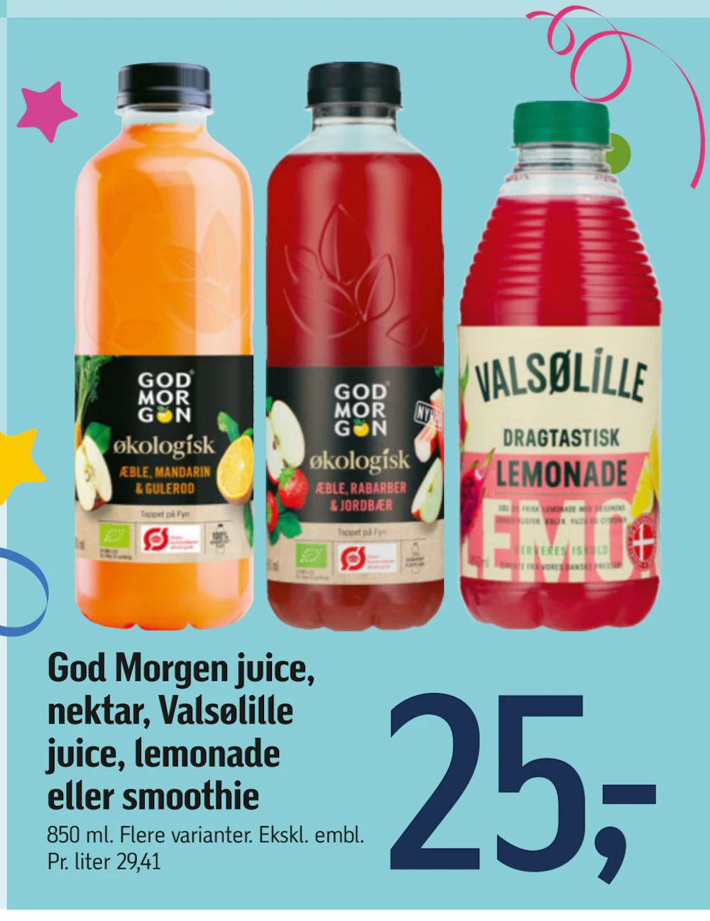 Tilbud på God Morgen juice, nektar, Valsølille juice, lemonade eller smoothie fra føtex til 25 kr.