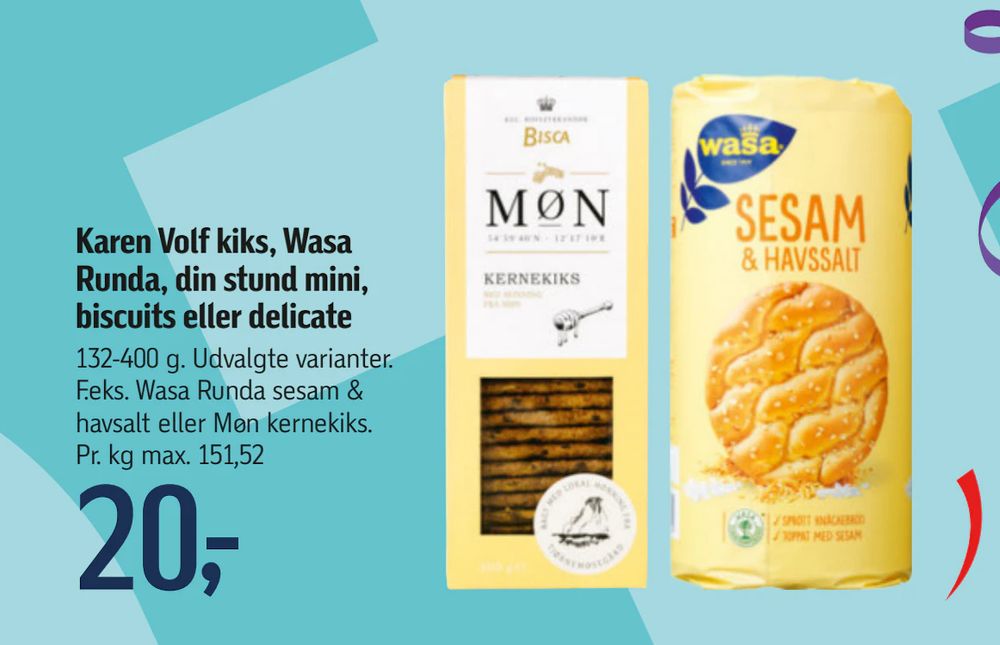 Tilbud på Karen Volf kiks, Wasa Runda, din stund mini, biscuits eller delicate fra føtex til 20 kr.
