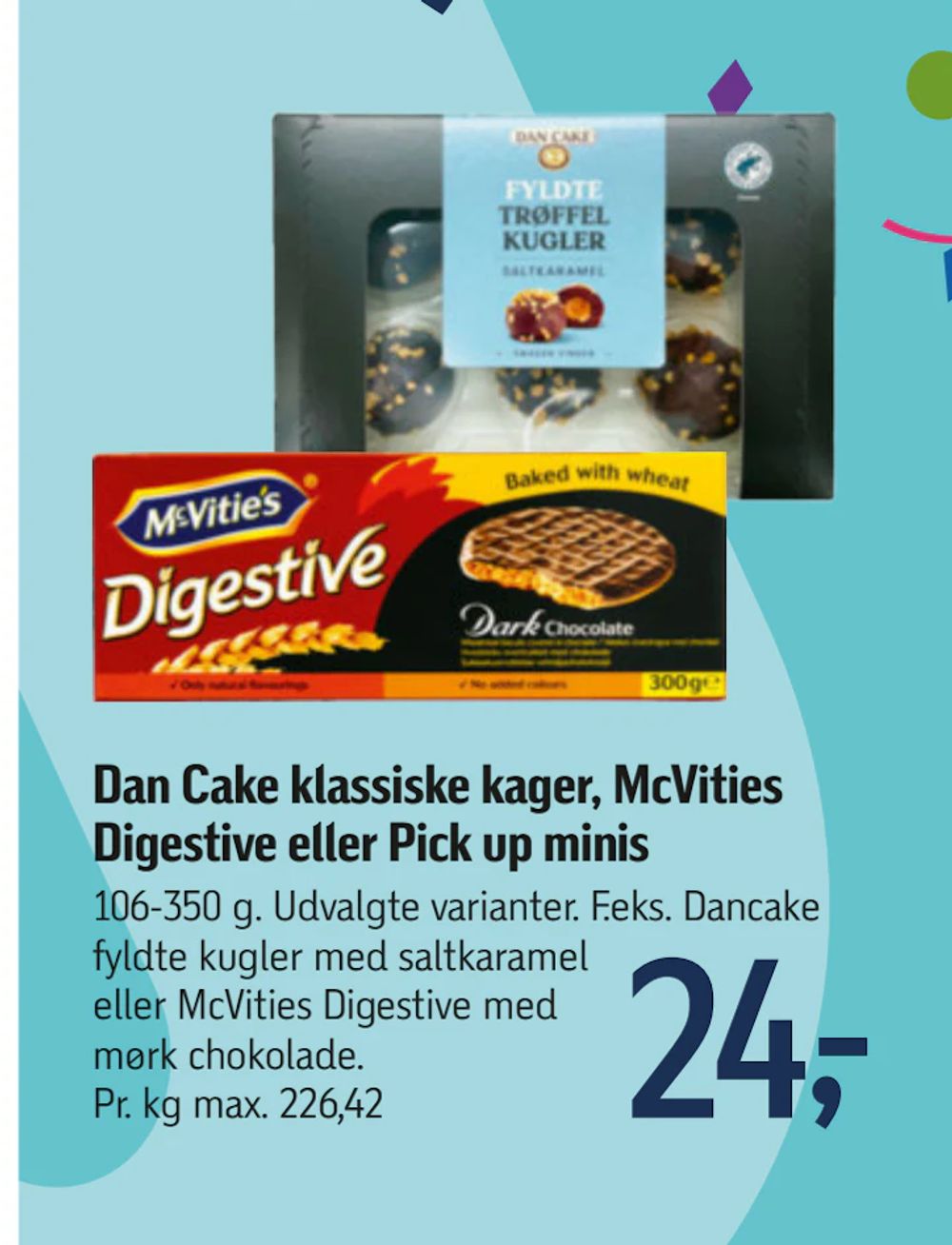 Tilbud på Dan Cake klassiske kager, McVities Digestive eller Pick up minis fra føtex til 24 kr.