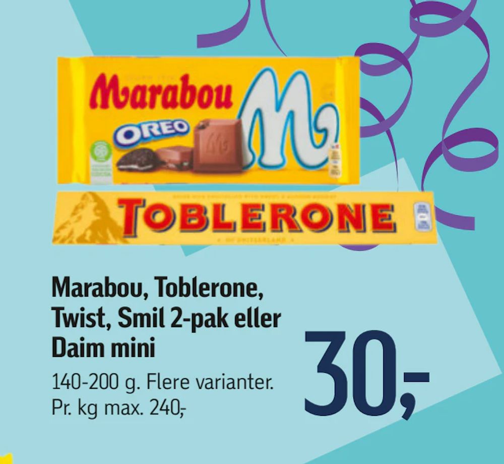 Tilbud på Marabou, Toblerone, Twist, Smil 2-pak eller Daim mini fra føtex til 30 kr.