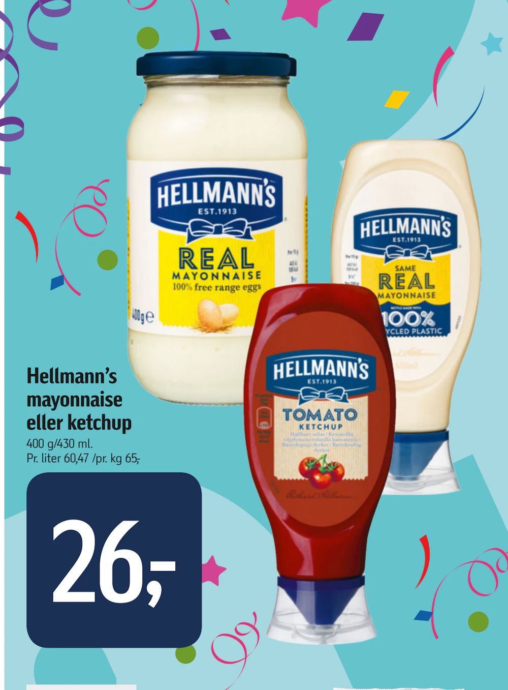 Tilbud på Hellmann’s mayonnaise eller ketchup fra føtex til 26 kr.