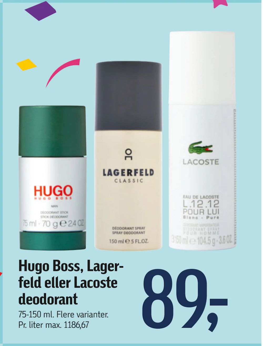 Tilbud på Hugo Boss, Lagerfeld eller Lacoste deodorant fra føtex til 89 kr.