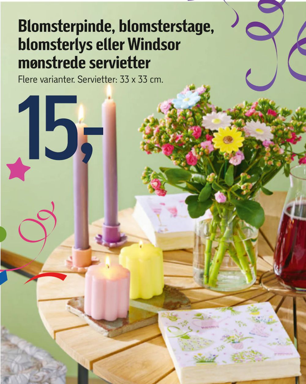 Tilbud på Blomsterpinde, blomsterstage, blomsterlys eller Windsor mønstrede servietter fra føtex til 15 kr.