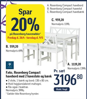 Rosenborg Compact havebord med 2 havestole og bænk