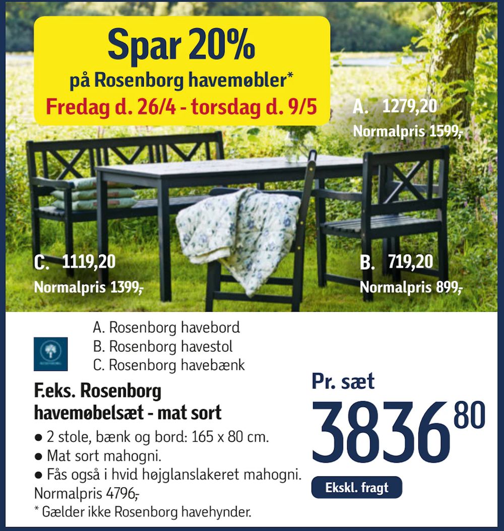 Tilbud på Rosenborg havemøbelsæt - mat sort fra føtex til 3.836,80 kr.
