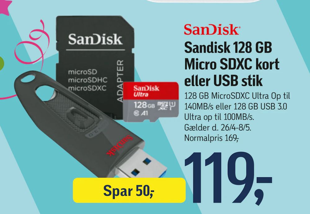 Tilbud på Sandisk 128 GB Micro SDXC kort eller USB stik fra føtex til 119 kr.