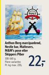 Anthon Berg marcipanbrød, Nestle bar, Maltesers, M&M's pose eller Skippers Piber