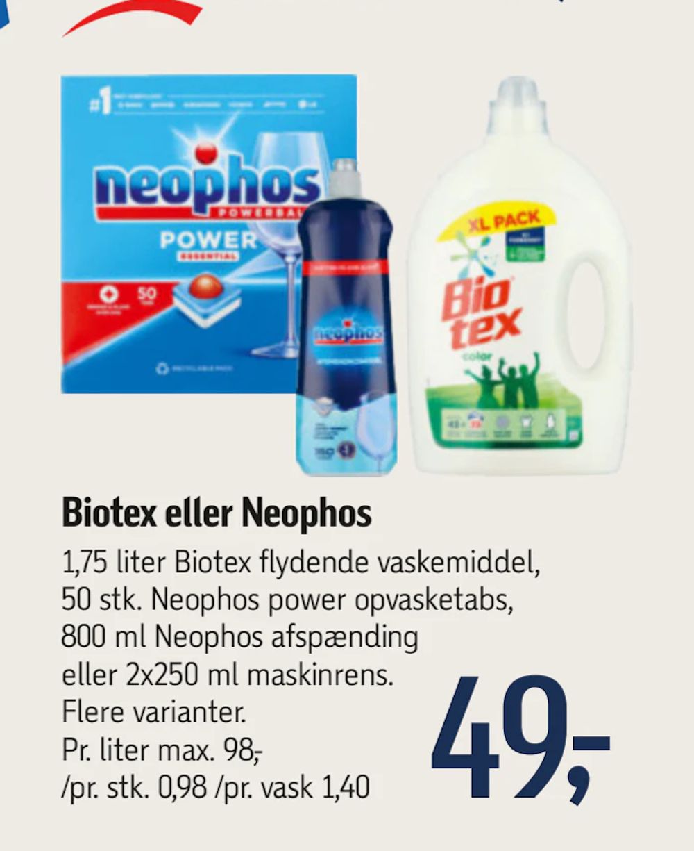 Tilbud på Biotex eller Neophos fra føtex til 49 kr.