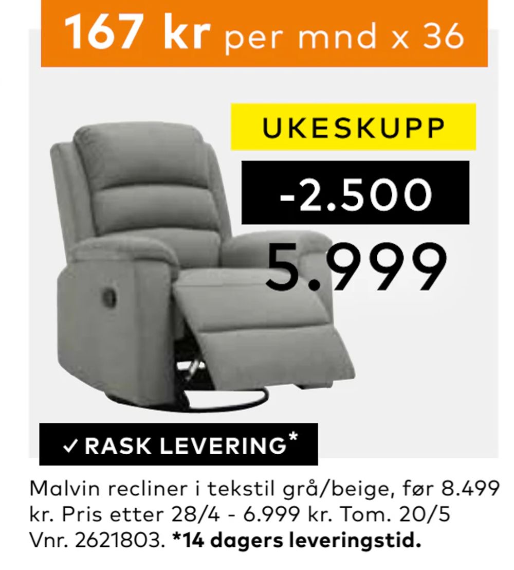 Tilbud på Malvin recliner fra Skeidar til 5 999 kr