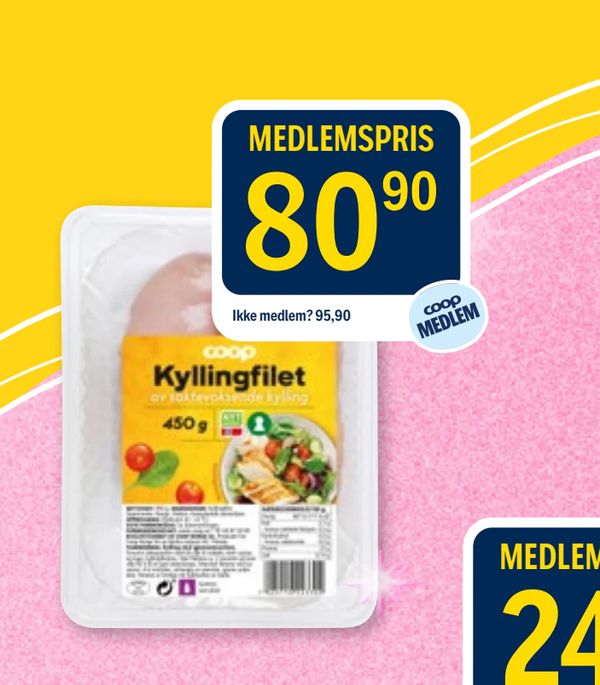 Kyllingfilet av sakte voksende kylling 450 g MEDLEMSPRIS 80,90 Ikke medlem? 95,90 coop MEDLEM
