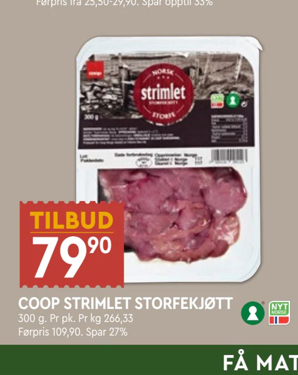 COOP STRIMLET STORFEKJØTT 300 g. Pr pk. Pr kg 266,33 Førpris 109,90. Spar 27%