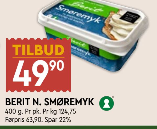 BERIT N. SMØREMYK 400 g. Pr pk. Pr kg 124,75 Førpris 63,90. Spar 22%