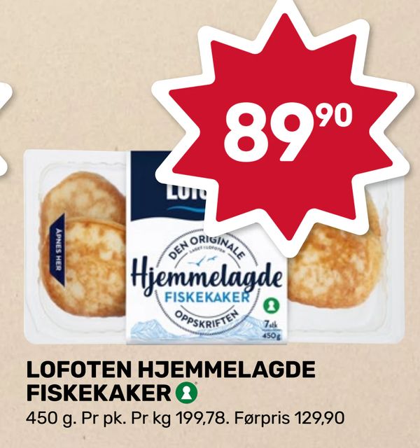 LOFOTEN HJEMMELAGDE FISKEKAKER 450 g. Pr pk. Pr kg 199,78. Førpris 129,90