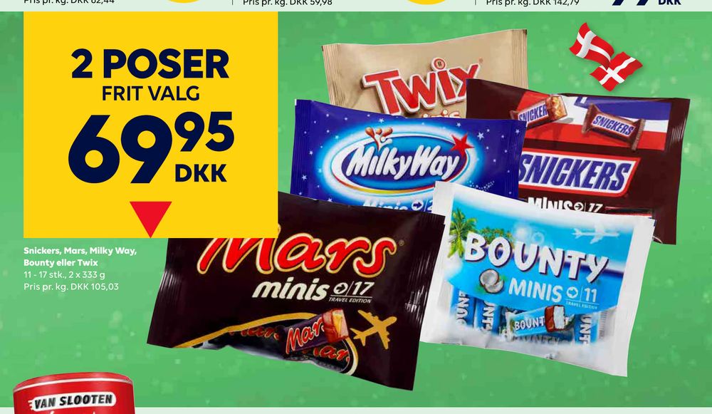 Tilbud på Snickers, Mars, Milky Way, Bounty eller Twix fra BorderShop til 69,95 kr.