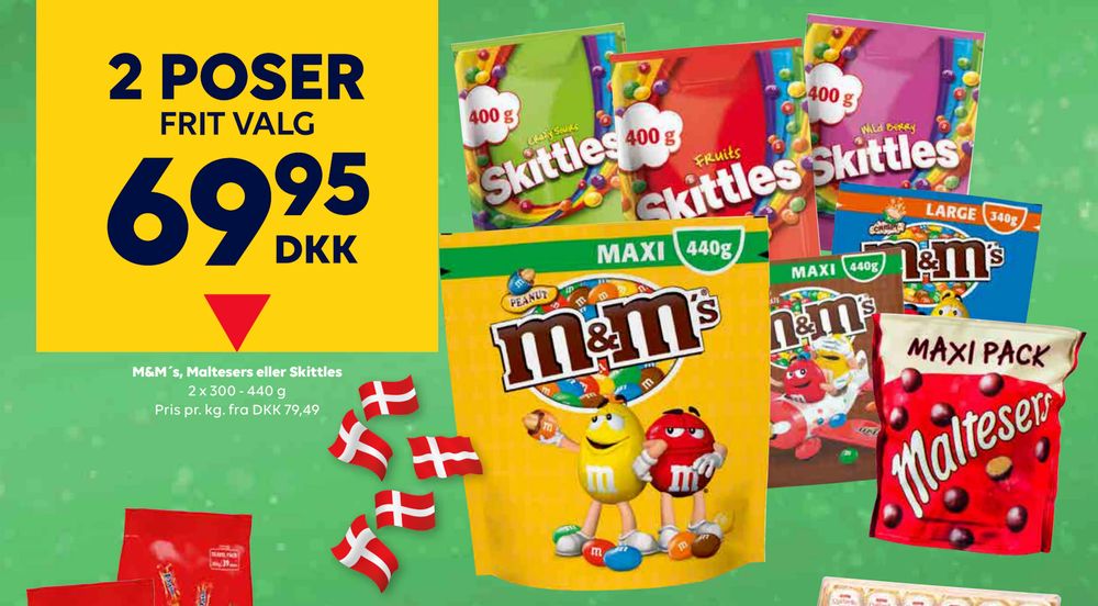 Tilbud på M&M´s, Maltesers eller Skittles fra BorderShop til 69,95 kr.
