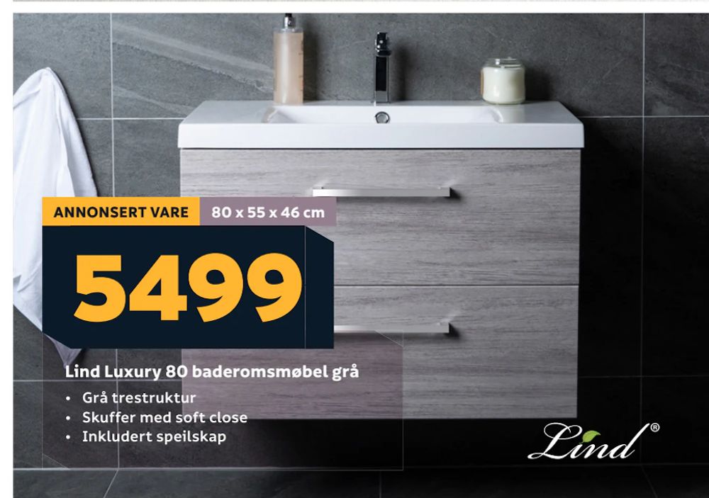 Tilbud på Lind Luxury 80 baderomsmøbel grå fra Megaflis til 5 499 kr