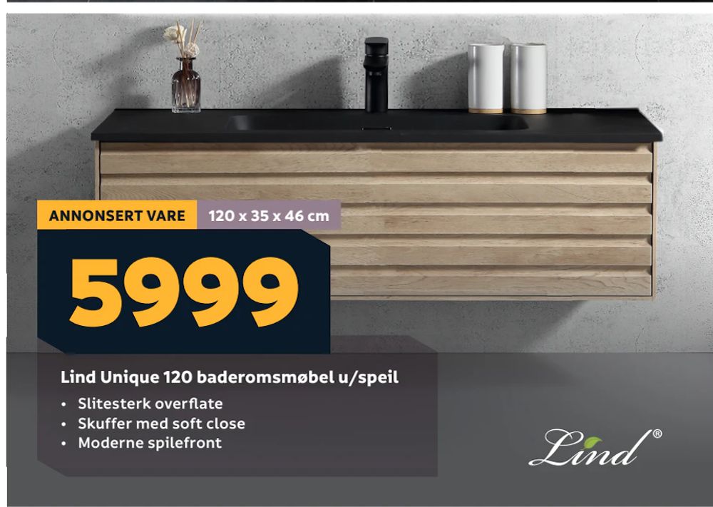 Tilbud på Lind Unique 120 baderomsmøbel u/speil fra Megaflis til 5 999 kr