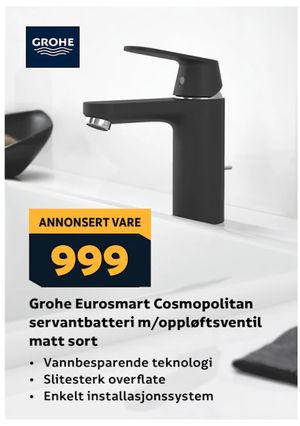 Grohe Eurosmart Cosmopolitan servantbatteri m/oppløftsventil matt sort
