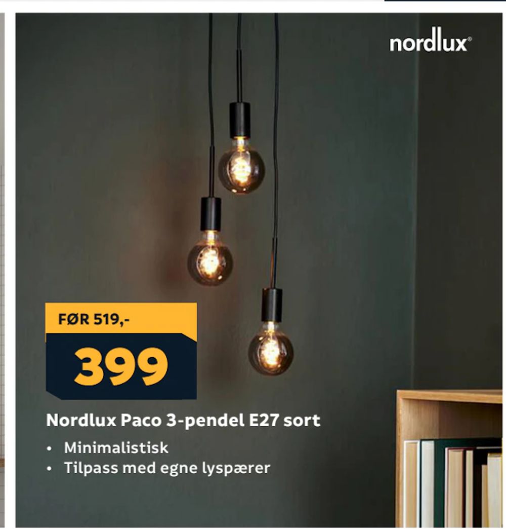 Tilbud på Nordlux Paco 3-pendel E27 sort fra Megaflis til 399 kr