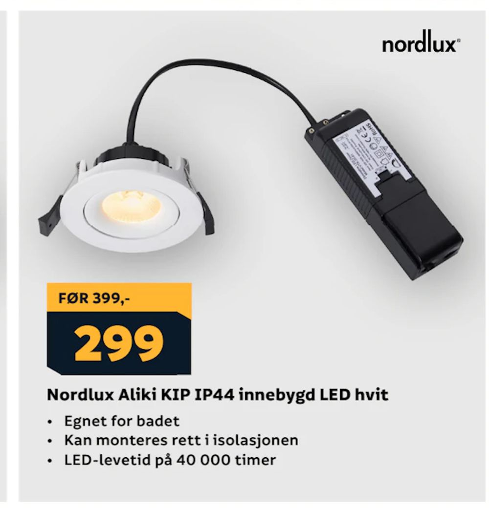 Tilbud på Nordlux Aliki KIP IP44 innebygd LED hvit fra Megaflis til 299 kr