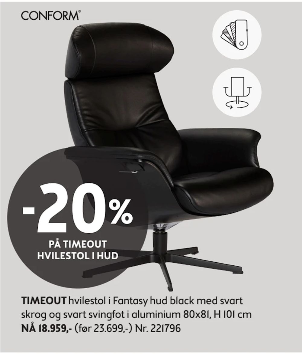 Tilbud på TIMEOUT hvilestol i Fantasy hud black med svart skrog og svart svingfot i aluminium fra Bohus til 18 959 kr
